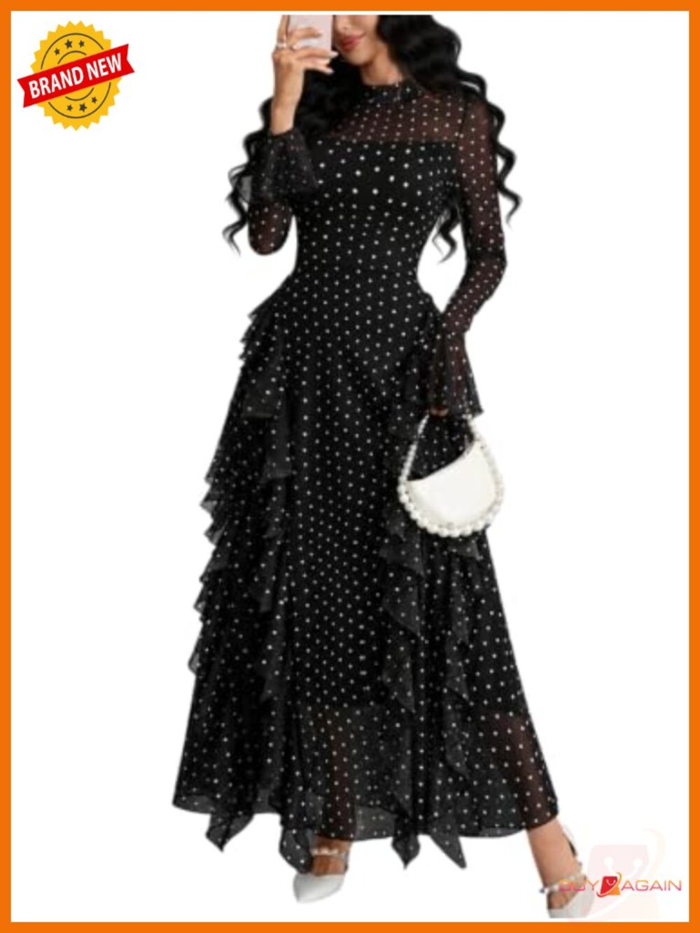 Womens Polka Dot Maxi Dress Mesh Bell Sleeve Ruffle Party Formal